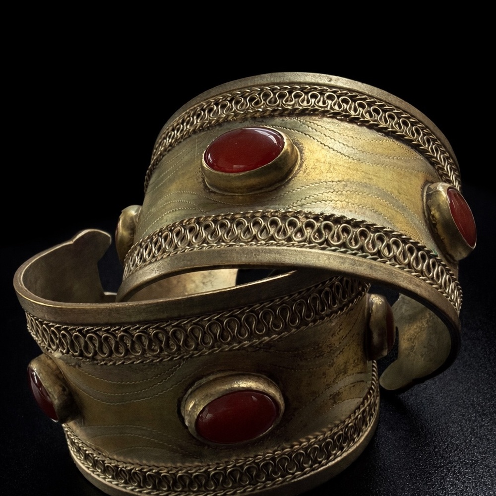 Vintage 925 Sterling Silver Brass Cuff Bracelets with Red Carnelian Stones